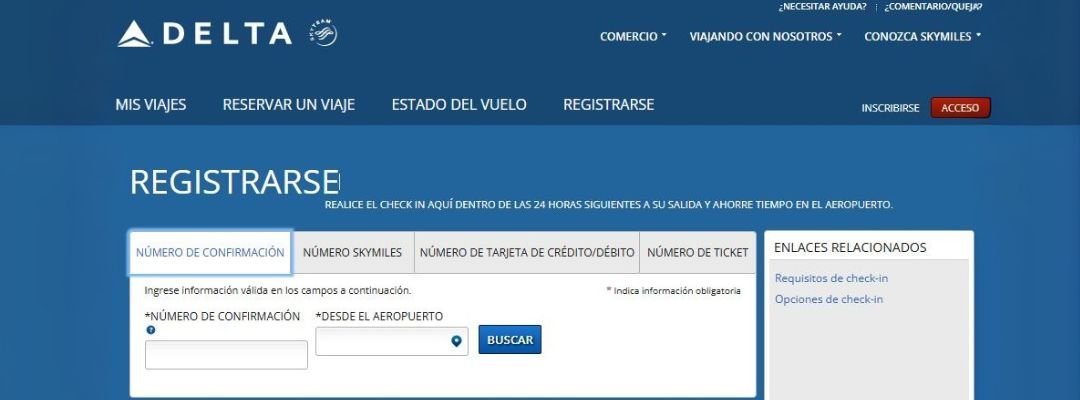 Paso 1 Web Check-in Delta Air Lines